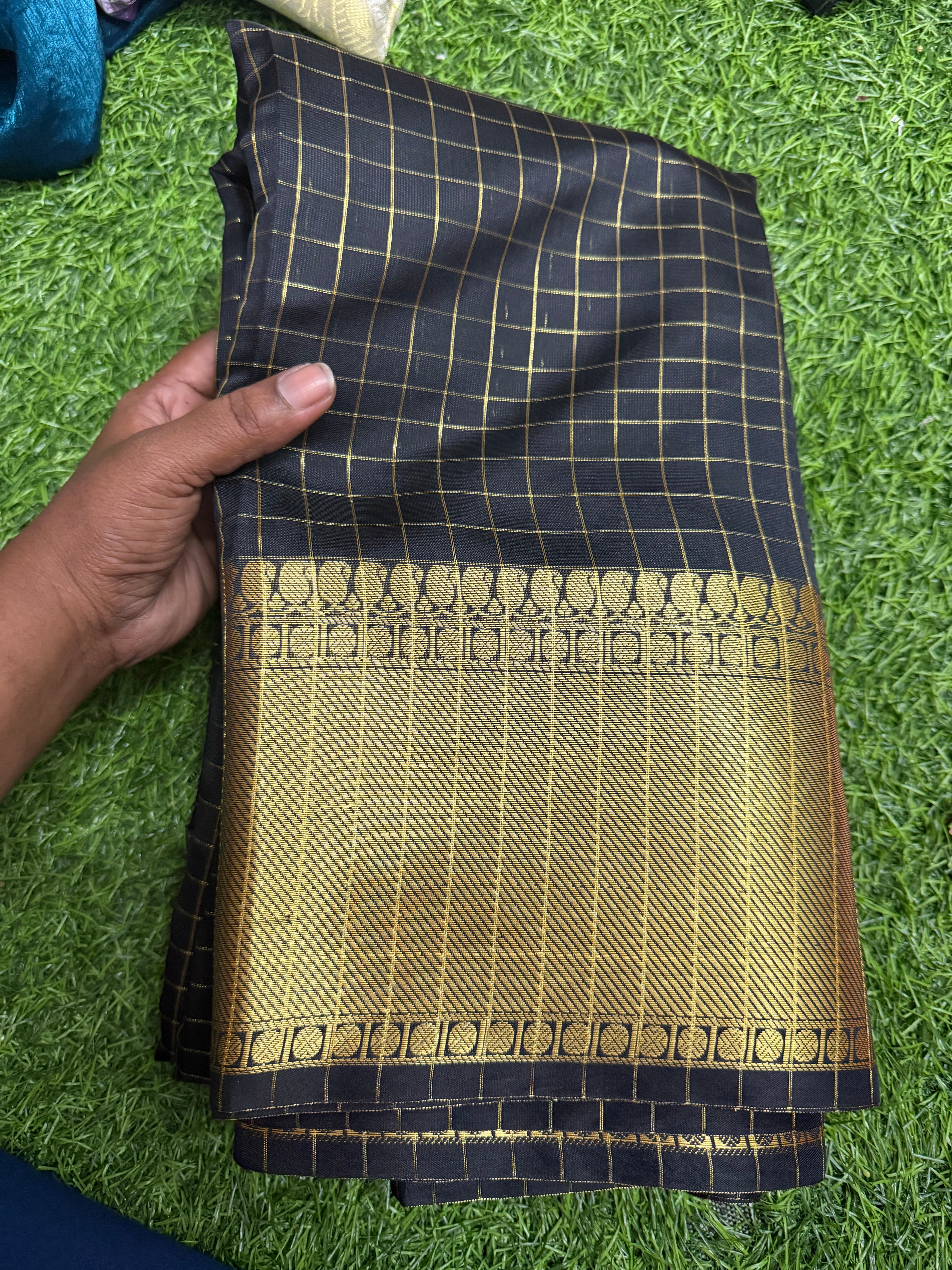 Silk cotton Checked black saree