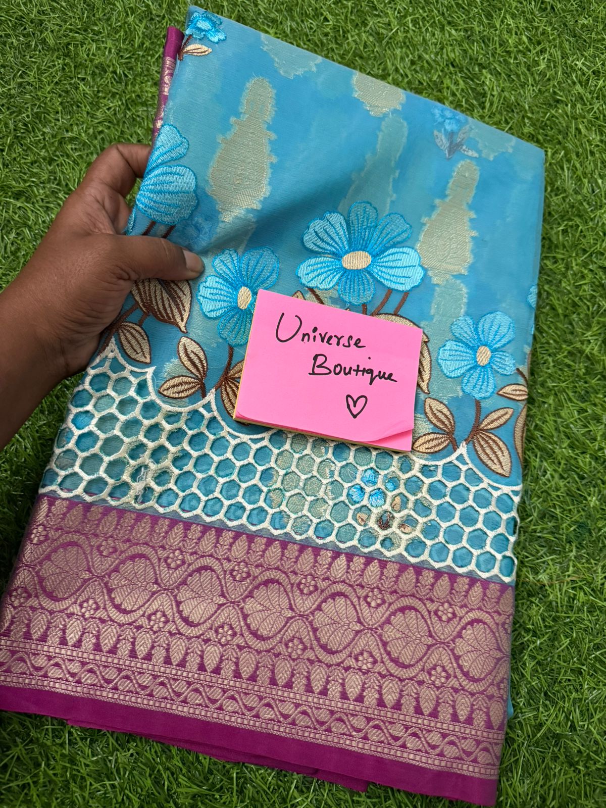 Fabric Tissue Saree With Embroidery Flower Work