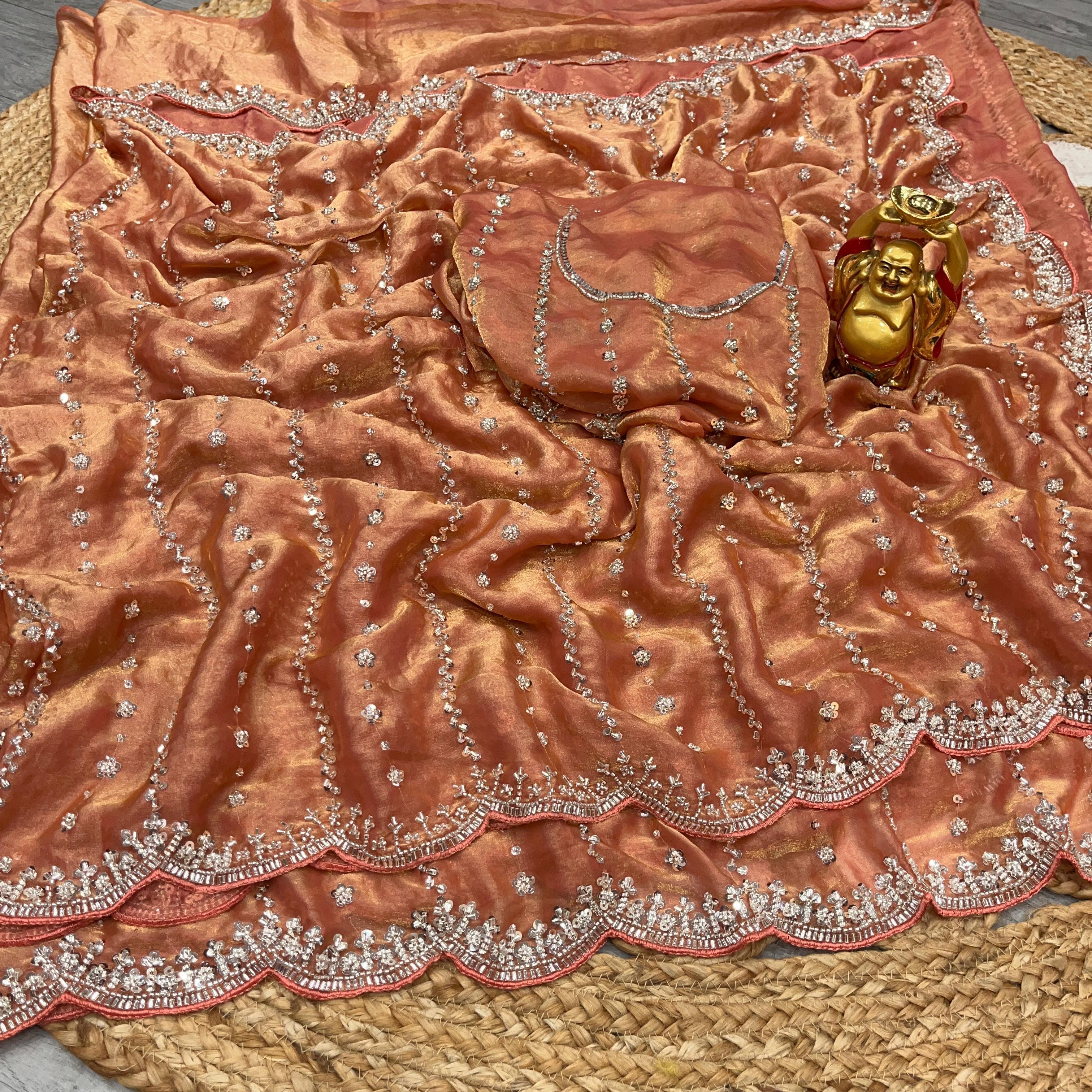 Fab Premium Space Silk Saree with Original Silver Beeds Work Saree