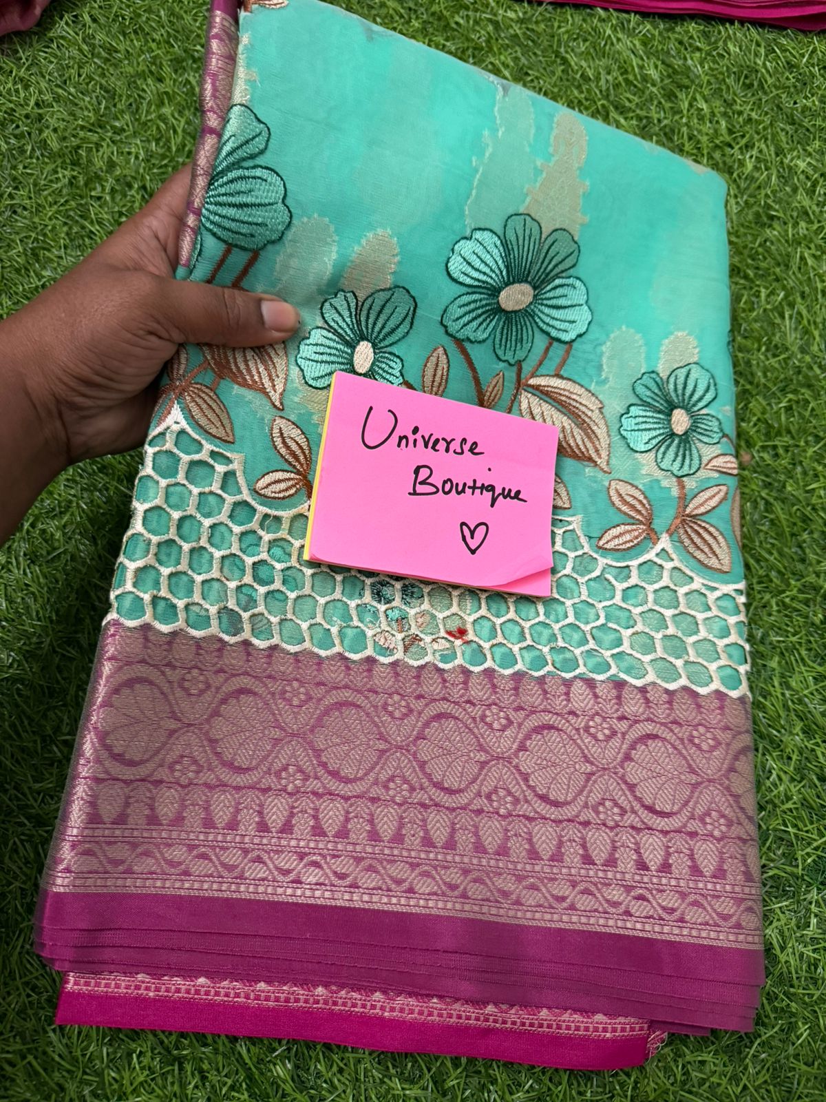 Fabric Tissue Saree With Embroidery Flower Work