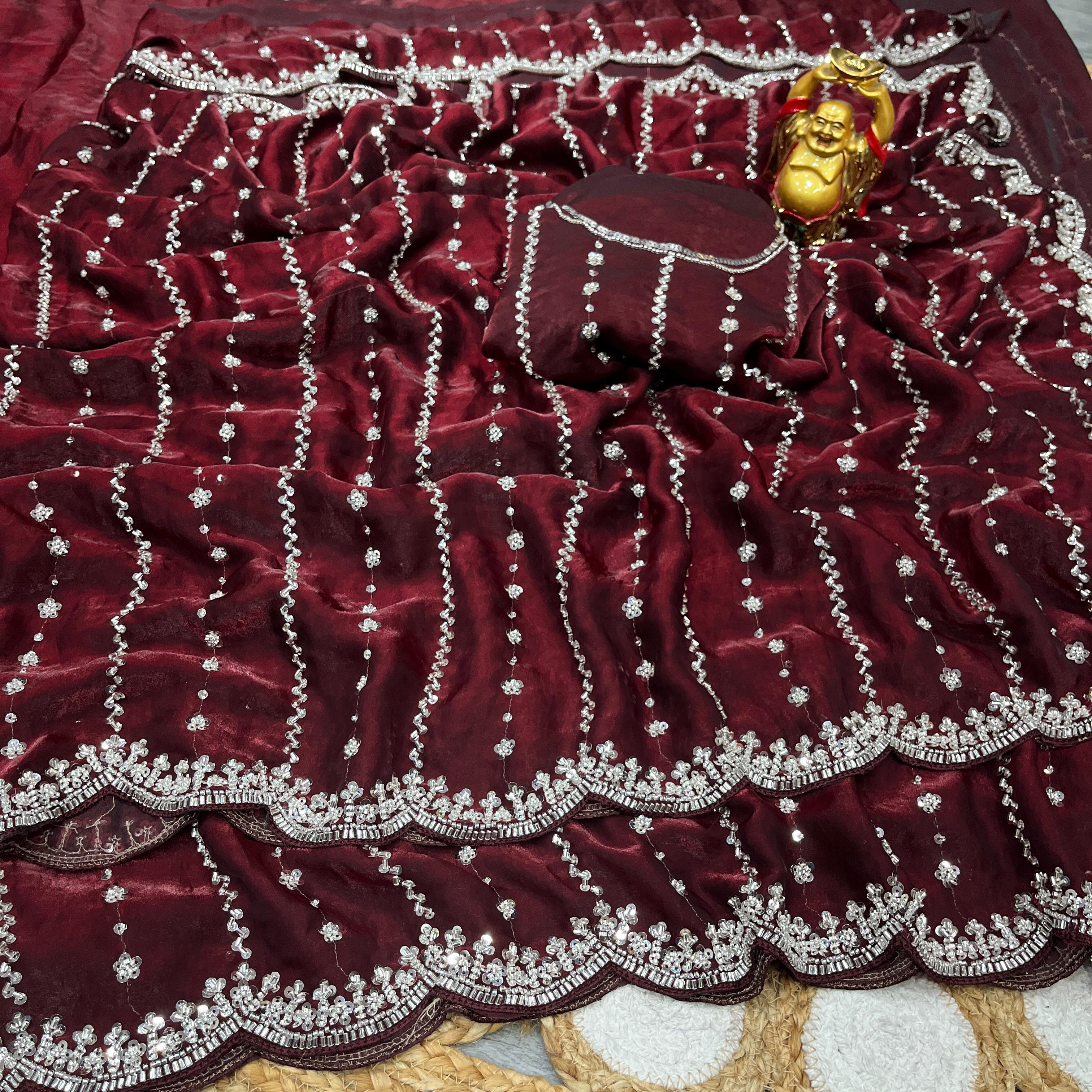 Fab Premium Space Silk Saree with Original Silver Beeds Work Saree