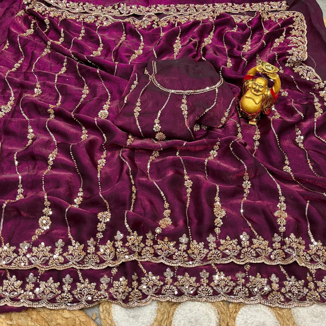 Premium Space Silk Saree with Original Golden Beeds work Saree