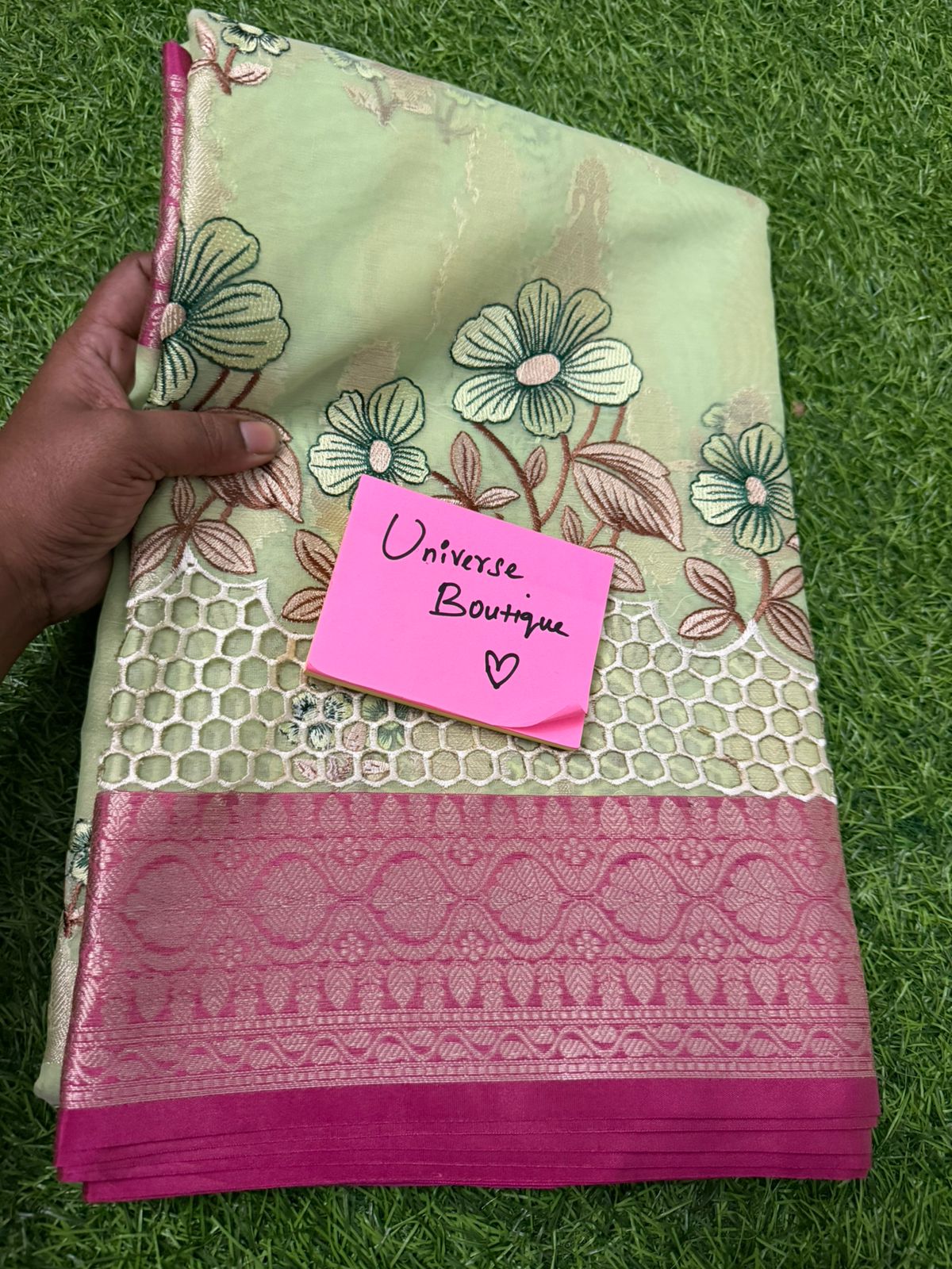 Fabric Tissue Saree With Embroidery Flower Work