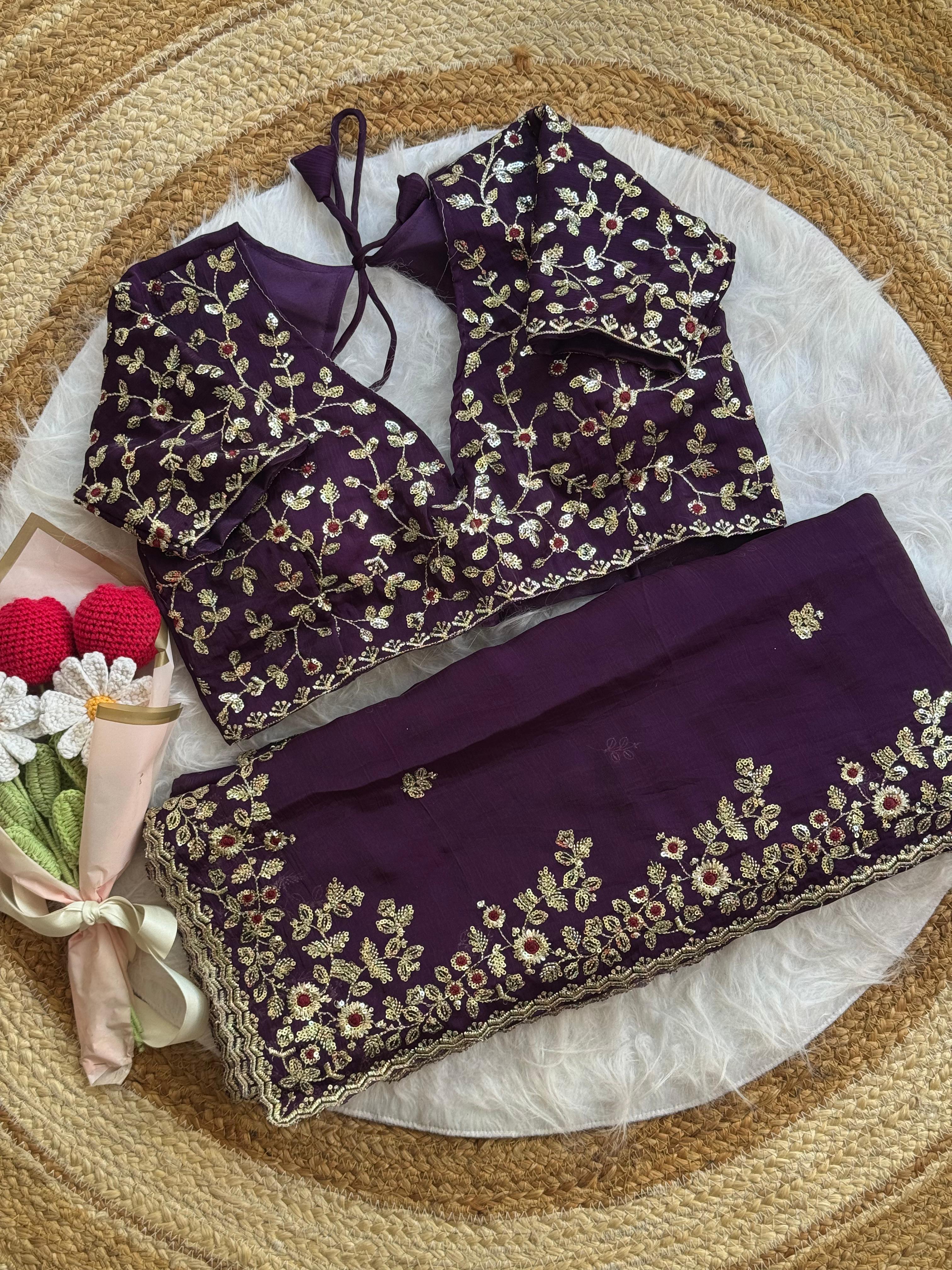 Premium Chiffon Space Silk Saree Embroidery Work with Stitched Blouse